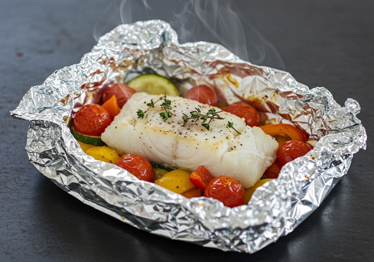 A opened foil packet showing a piece of white fish (like cod or sea bream) baked with colorful vegetables (bell peppers, zucchini, cherry tomatoes) and herbs, with steam gently rising. This conveys a healthy, simple cooking method.