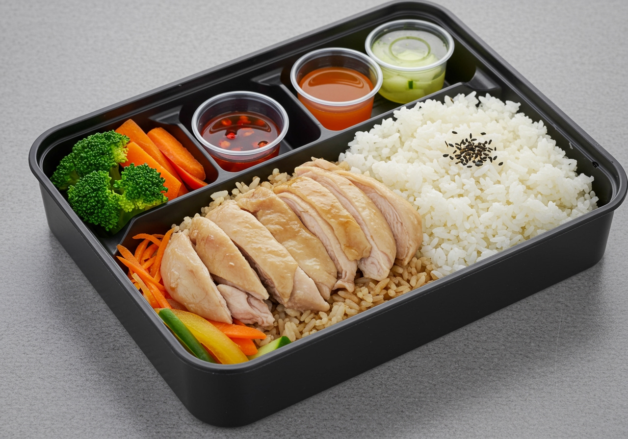 A packed bento box featuring cold Singapore Chicken Rice with colorful vegetable sides and separate sauce containers.