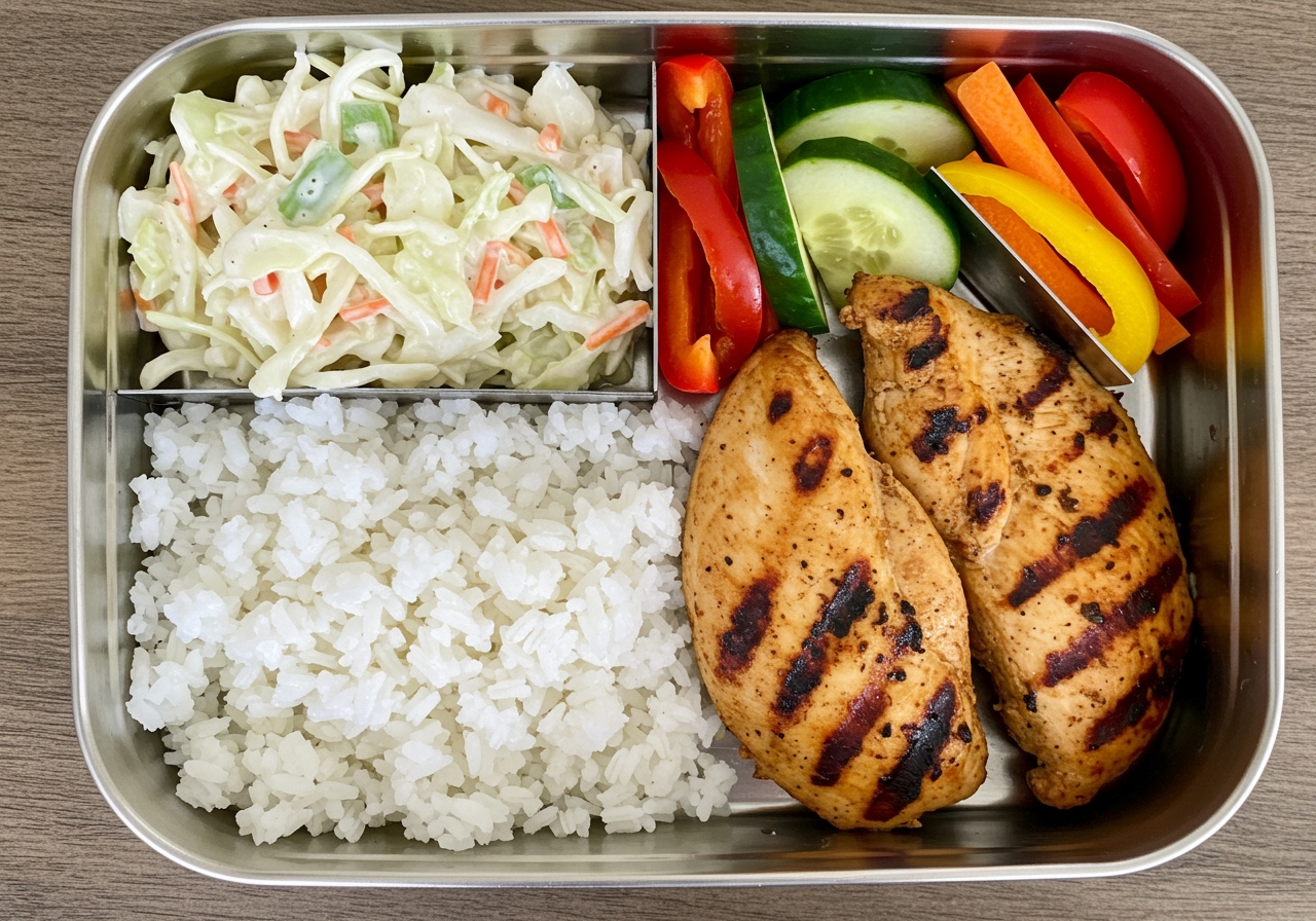 A packed lunchbox featuring Healthy Cindy's Coleslaw as a side dish, alongside grilled chicken and rice.