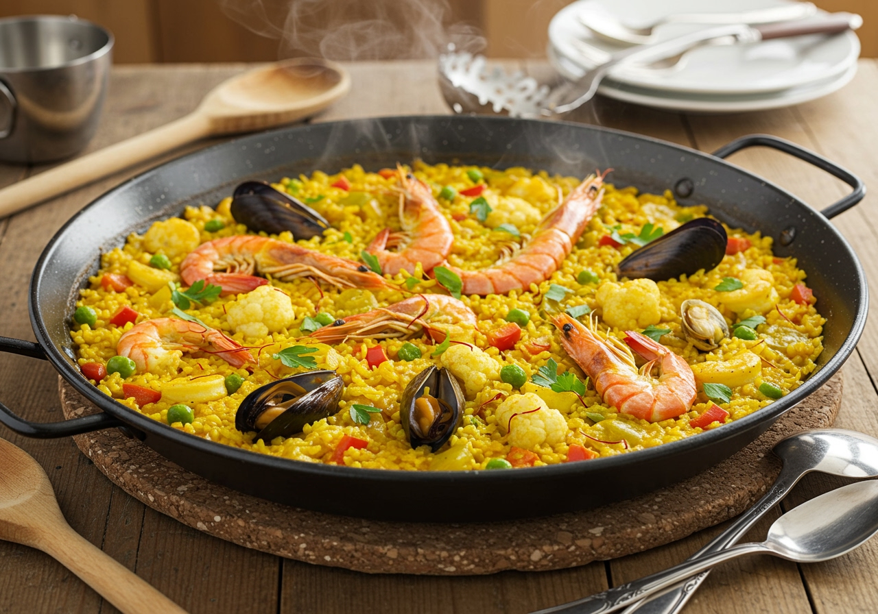 A Paella pan filled with the finished keto cauliflower paella, steaming slightly, with various serving utensils nearby.