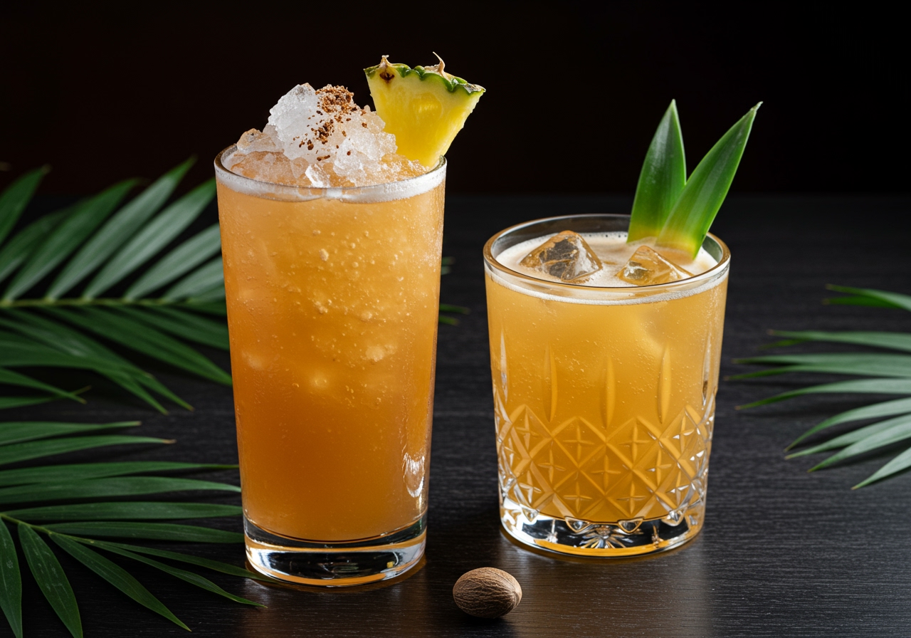 A Painkiller cocktail in a tall glass with crushed ice, garnished with pineapple and a sprinkle of nutmeg, next to a Jungle Bird cocktail in a rocks glass with a pineapple leaf garnish, on a dark wooden table with tropical leaves.