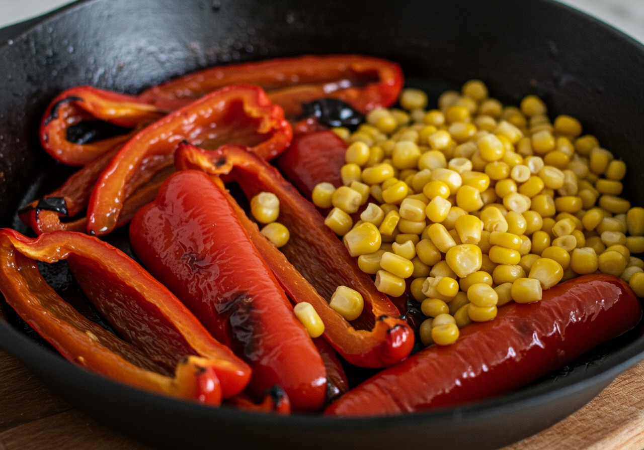 A pan of roasted red bell pepper strips, slightly charred, alongside golden corn kernels, ready to be mixed for a salad.