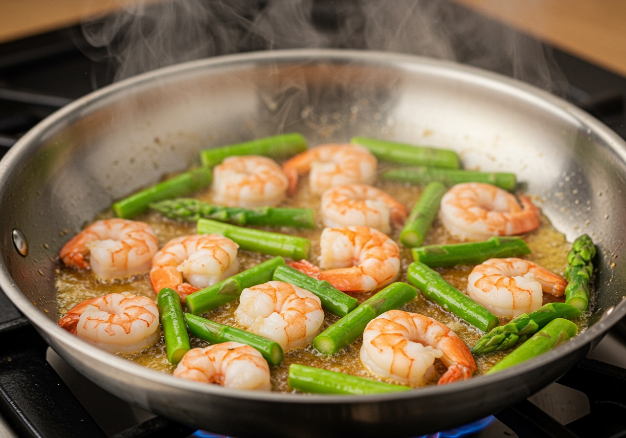 A pan on a stove with shrimp and asparagus being stir-fried in butter, showing steam and vibrant colors.