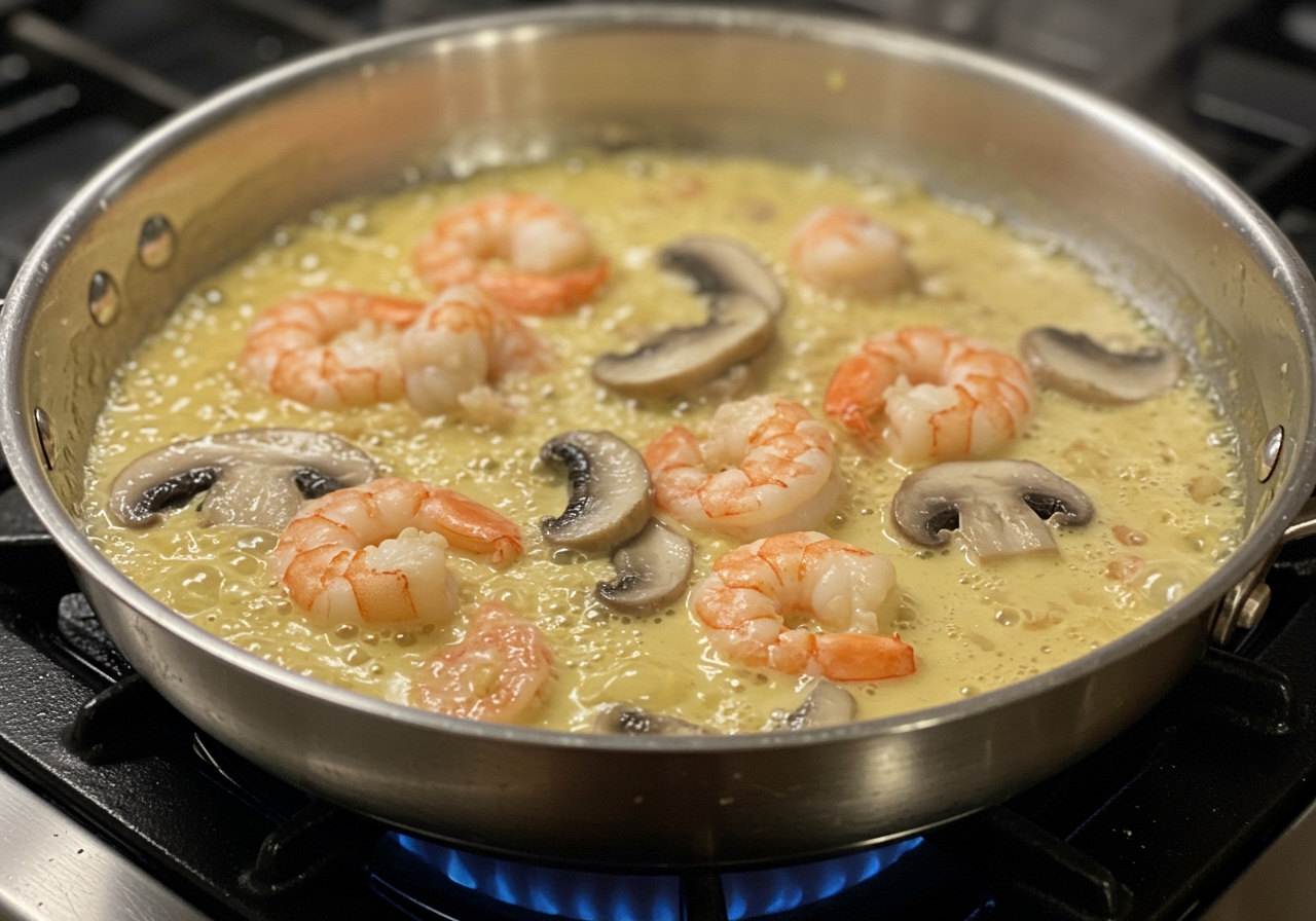 A pan on a stove with the creamy cheese sauce bubbling gently, containing cooked shrimp and sliced mushrooms.