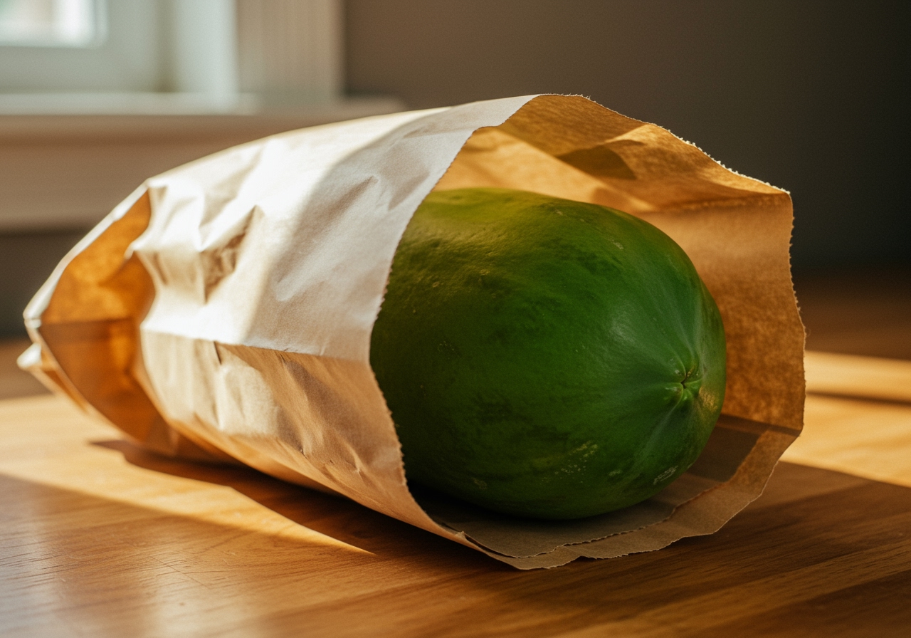 A papaya placed inside a brown paper bag on a counter, illustrating the ripening process