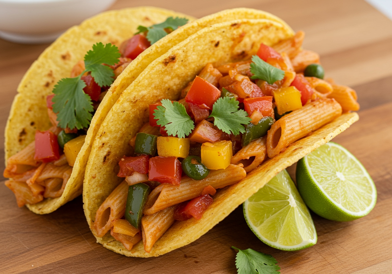 A perfectly assembled Veggie-Packed Easy Pasta Taco, showcasing a beautiful cross-section of pasta, colorful vegetables, and sauce, garnished with fresh cilantro and a lime wedge, ready to be eaten.