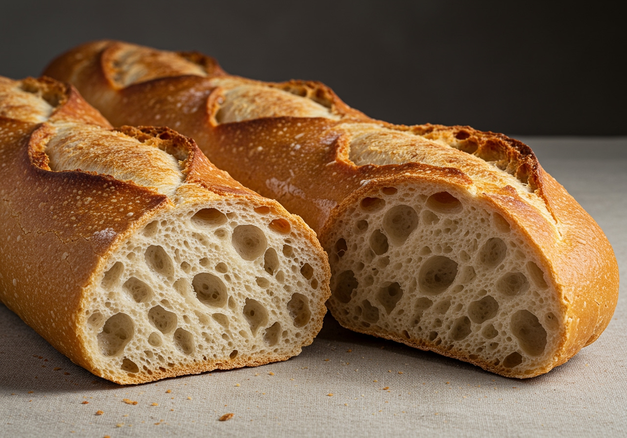 A perfectly baked French baguette sliced open, revealing its airy, chewy interior with large, irregular holes, ready to be spread with butter.