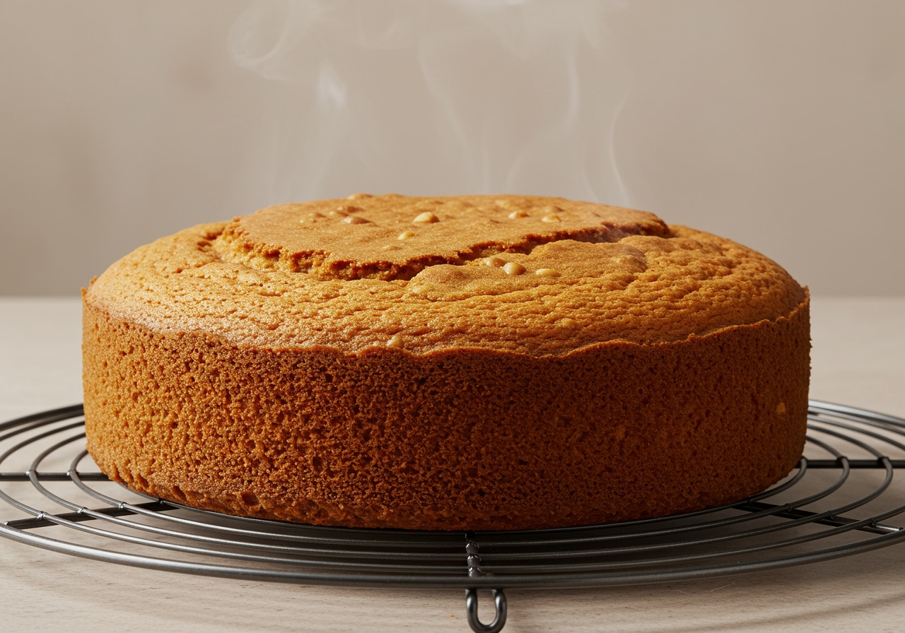 A perfectly baked, golden-brown peanut butter cake sitting on a wire cooling rack, steam subtly rising.