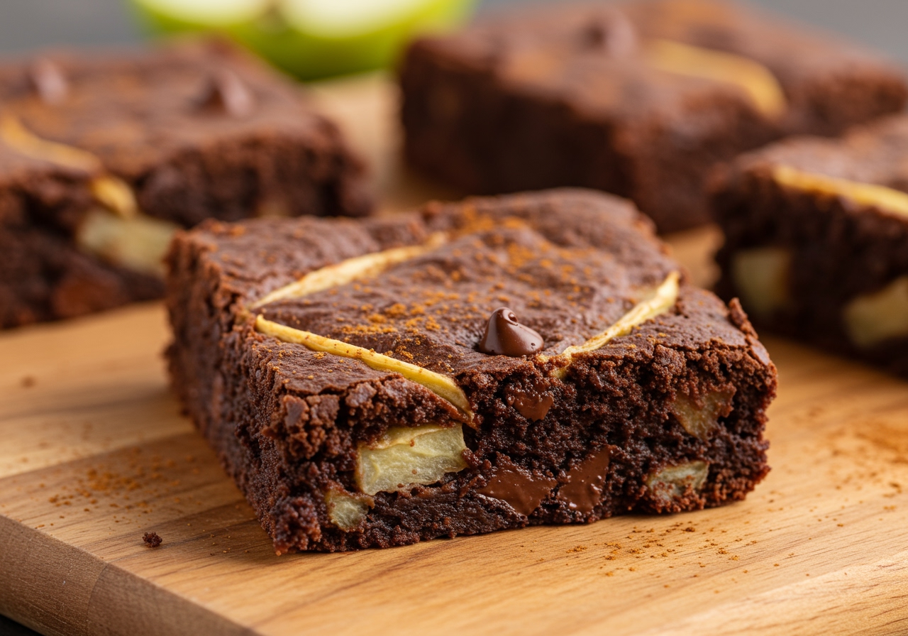 A perfectly baked healthy apple brownie square on a wooden board, with a rich, dark brown color and visible specks of apple and chocolate chips, garnished with a sprinkle of cinnamon.