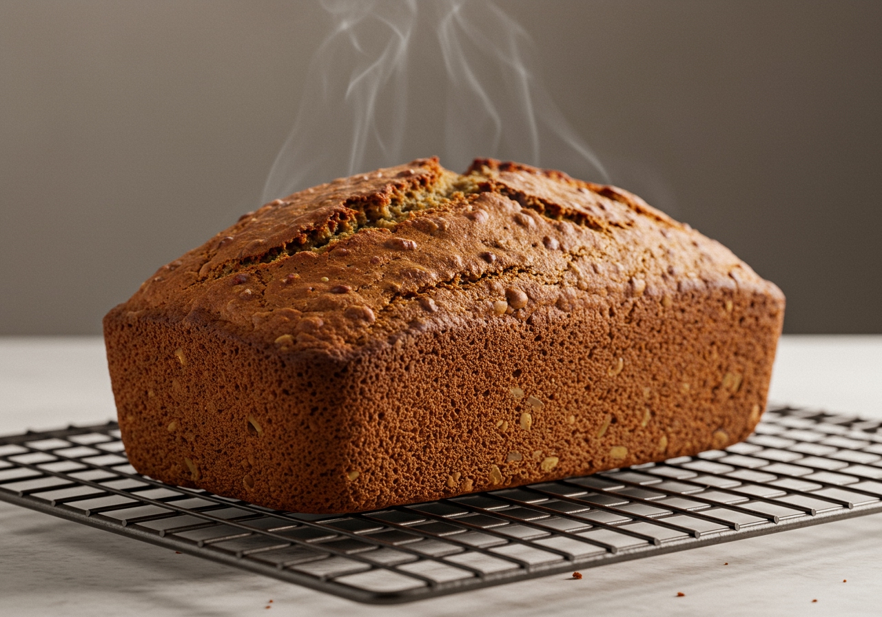 A perfectly baked loaf of nut bread cooling on a wire rack.
