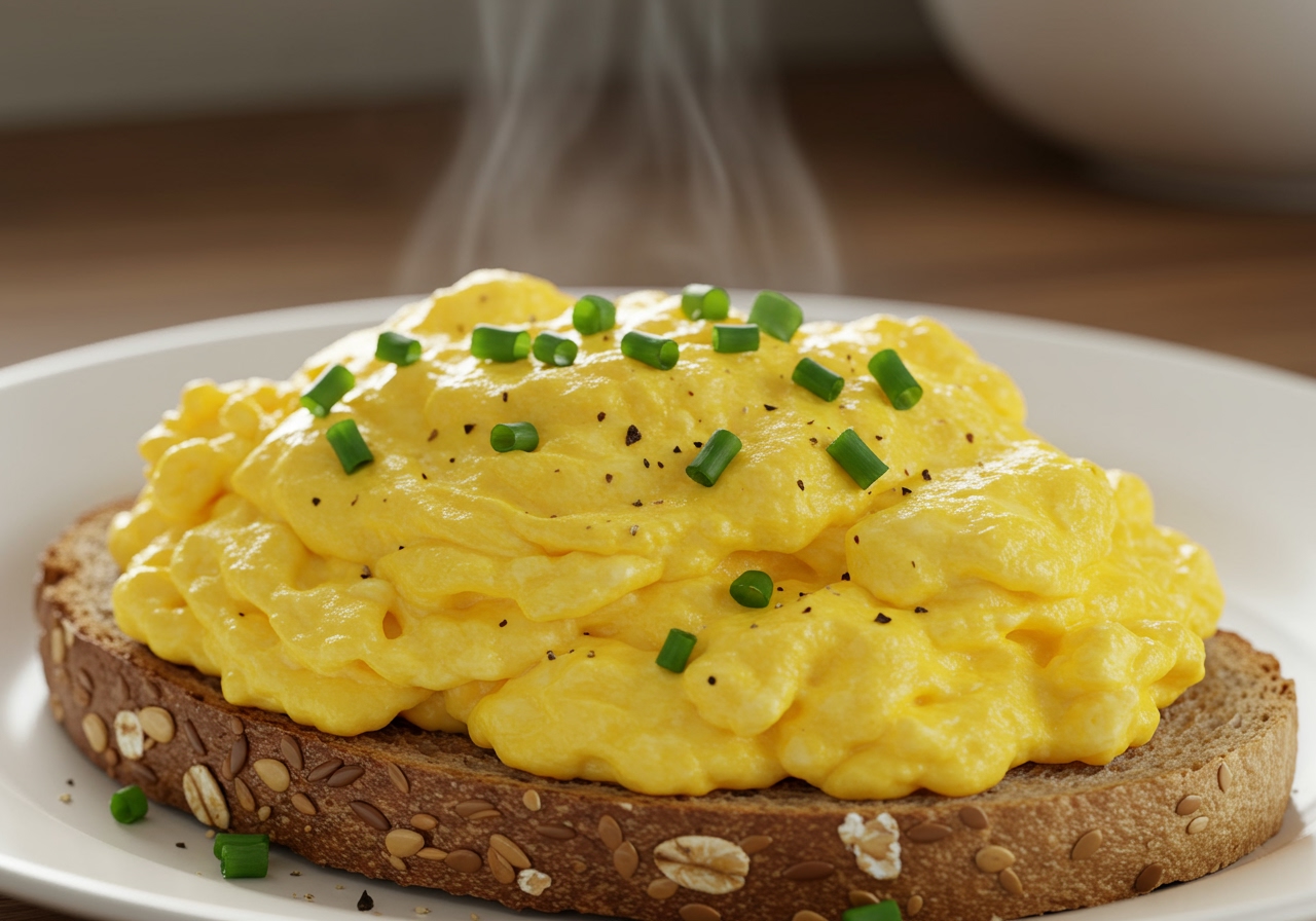 A perfectly cooked, fluffy scrambled egg served on whole-grain toast with fresh chives and a sprinkle of black pepper, steam gently rising