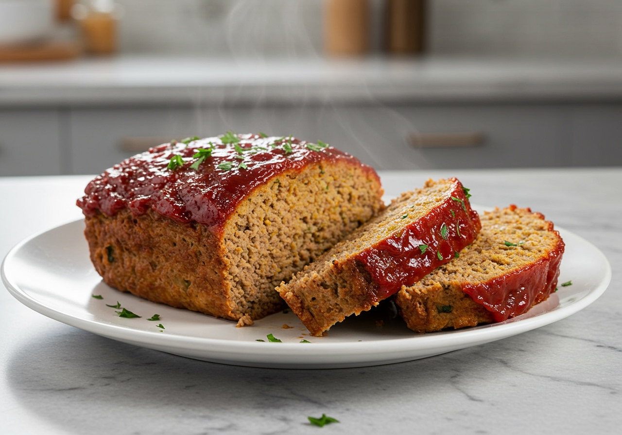 A perfectly cooked, golden-brown air fryer meatloaf, sliced and garnished with fresh parsley, served on a white plate with steam gently rising. The background is a modern kitchen countertop.
