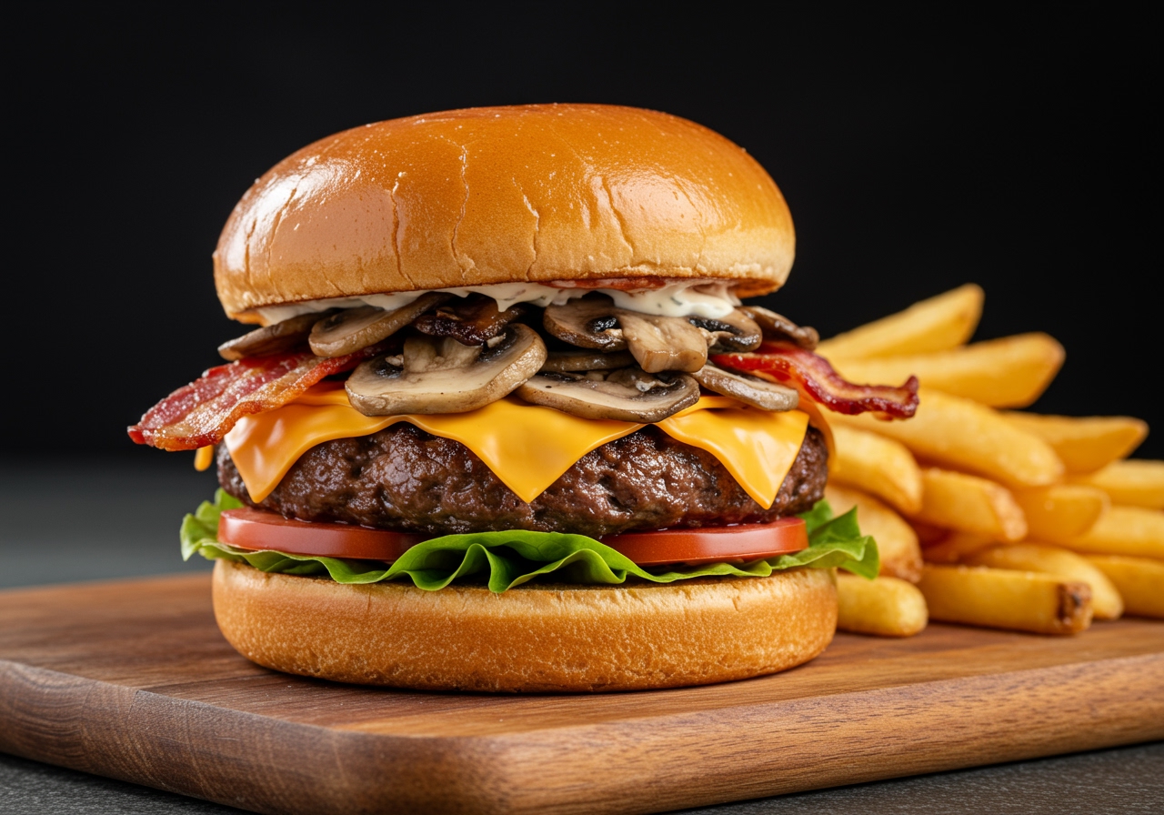 A perfectly cooked gourmet-style bacon mushroom cheeseburger on a wooden board, showing layers of crispy bacon, sautéed mushrooms, melted cheese, and a juicy patty, with fresh lettuce and tomato, served with a side of fries.