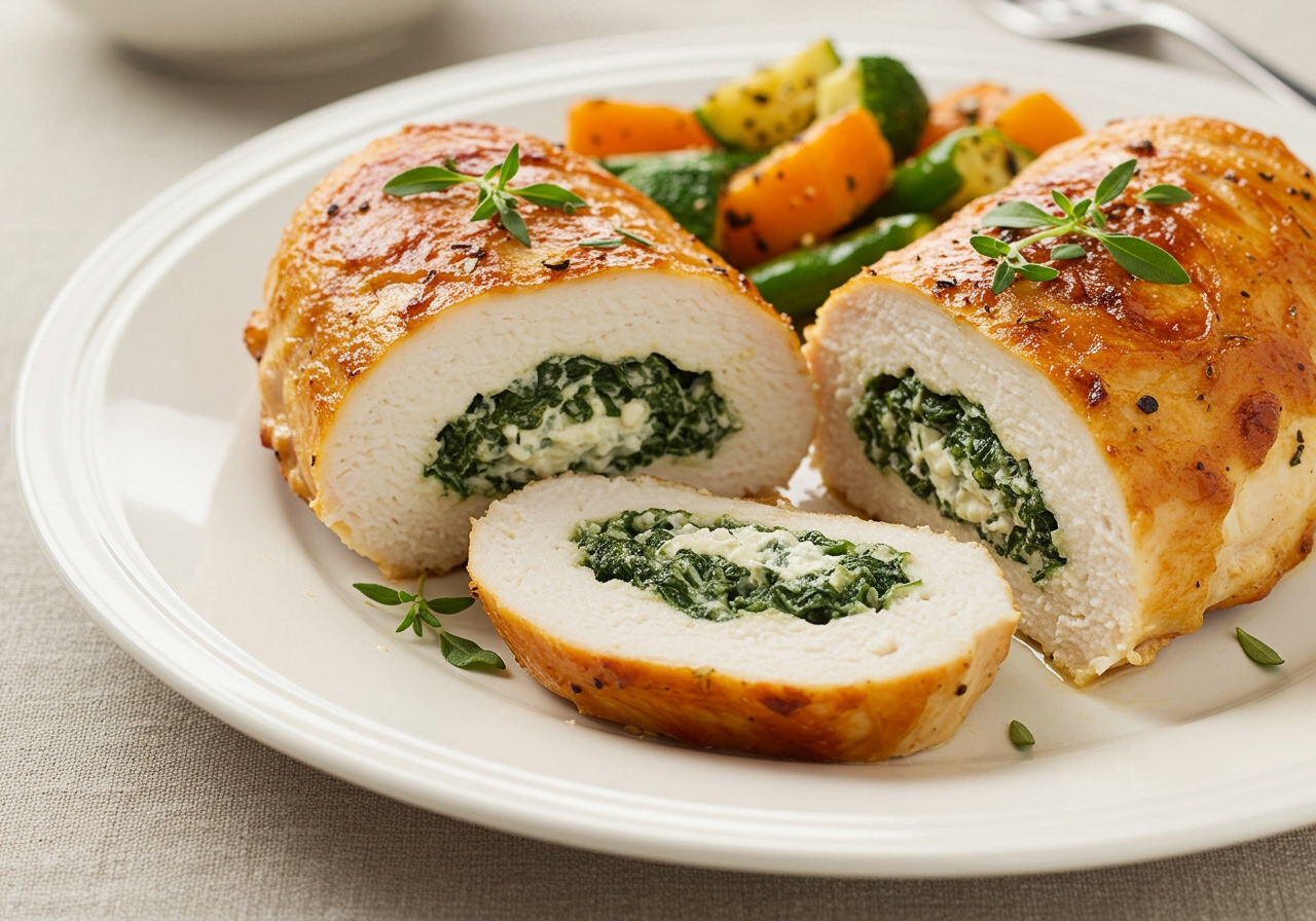 A perfectly golden-brown, baked chicken breast sliced open to reveal a creamy spinach and cream cheese filling inside, garnished with fresh herbs on a white plate with a side of roasted vegetables.