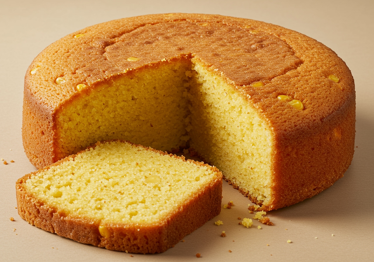 A perfectly golden-brown cornmeal cake, sliced, showing its moist and slightly crumbly texture. A few kernels of corn are visible, suggesting its origin. Warm, natural lighting.