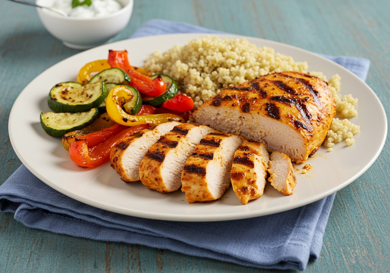 A perfectly grilled Sharyl-style spicy chicken breast, sliced to show its juicy interior, served alongside roasted colorful bell peppers and zucchini, with a side of fluffy quinoa. A small bowl of fresh yogurt dip is also present.