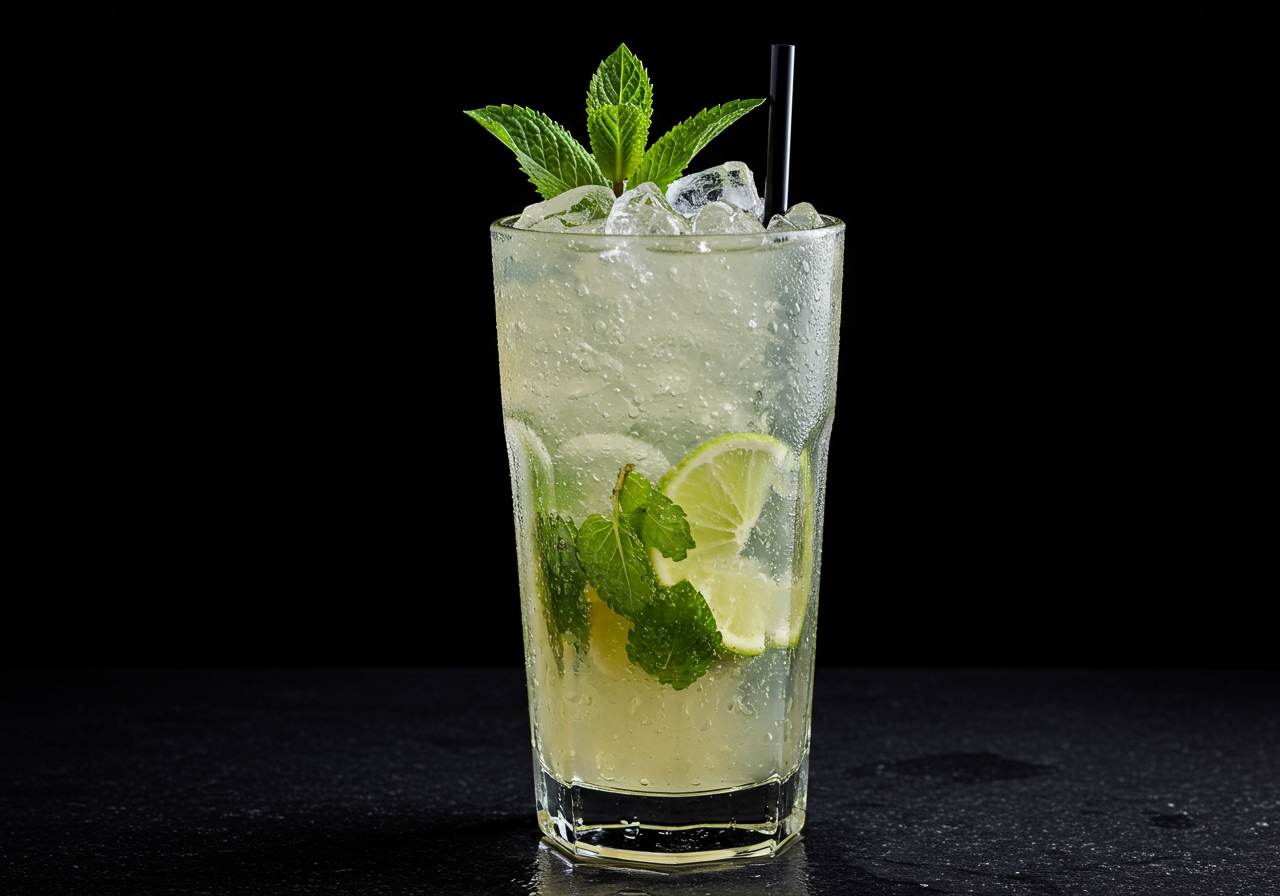 A perfectly made classic mojito cocktail in a tall glass filled with crushed ice, garnished with a mint sprig and lime wedge. The drink is sweating slightly from the cold.
