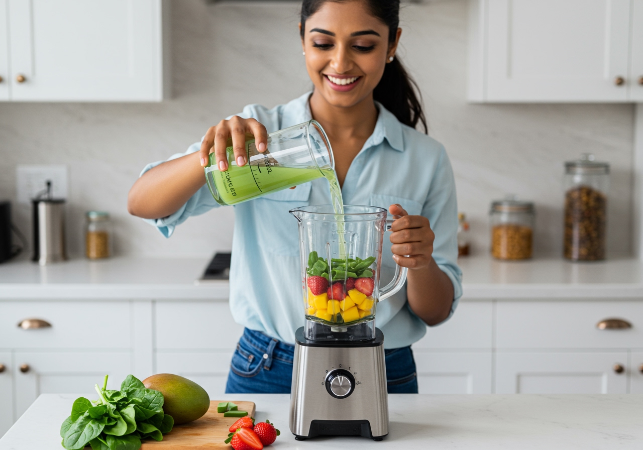 A person adding aloe vera juice to a blender filled with fruits and vegetables for a smoothie.