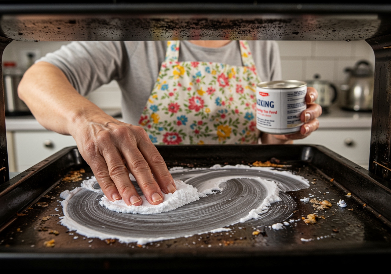 A person applying baking soda paste to a dirty oven tray