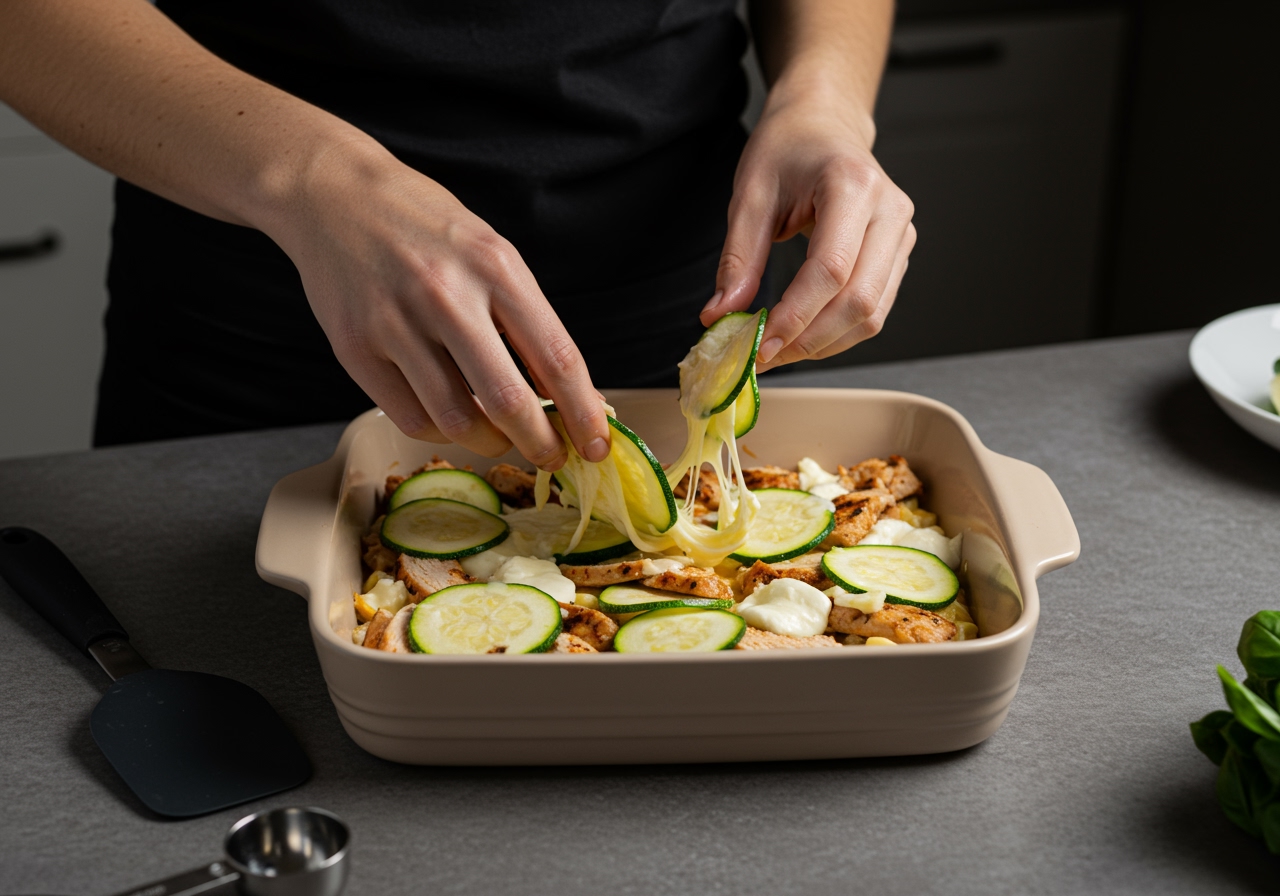 A person assembling the casserole in a baking dish, layering zucchini, chicken, and cheese