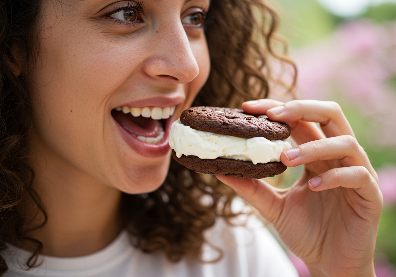A person biting into a delicious homemade chocolate ice cream sandwich cookie, with ice cream slightly visible.
