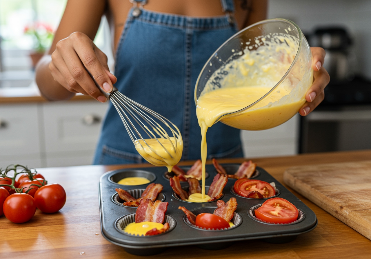 A person carefully pouring whisked egg mixture into muffin tin cups lined with crispy bacon and fresh tomatoes, ready for baking.