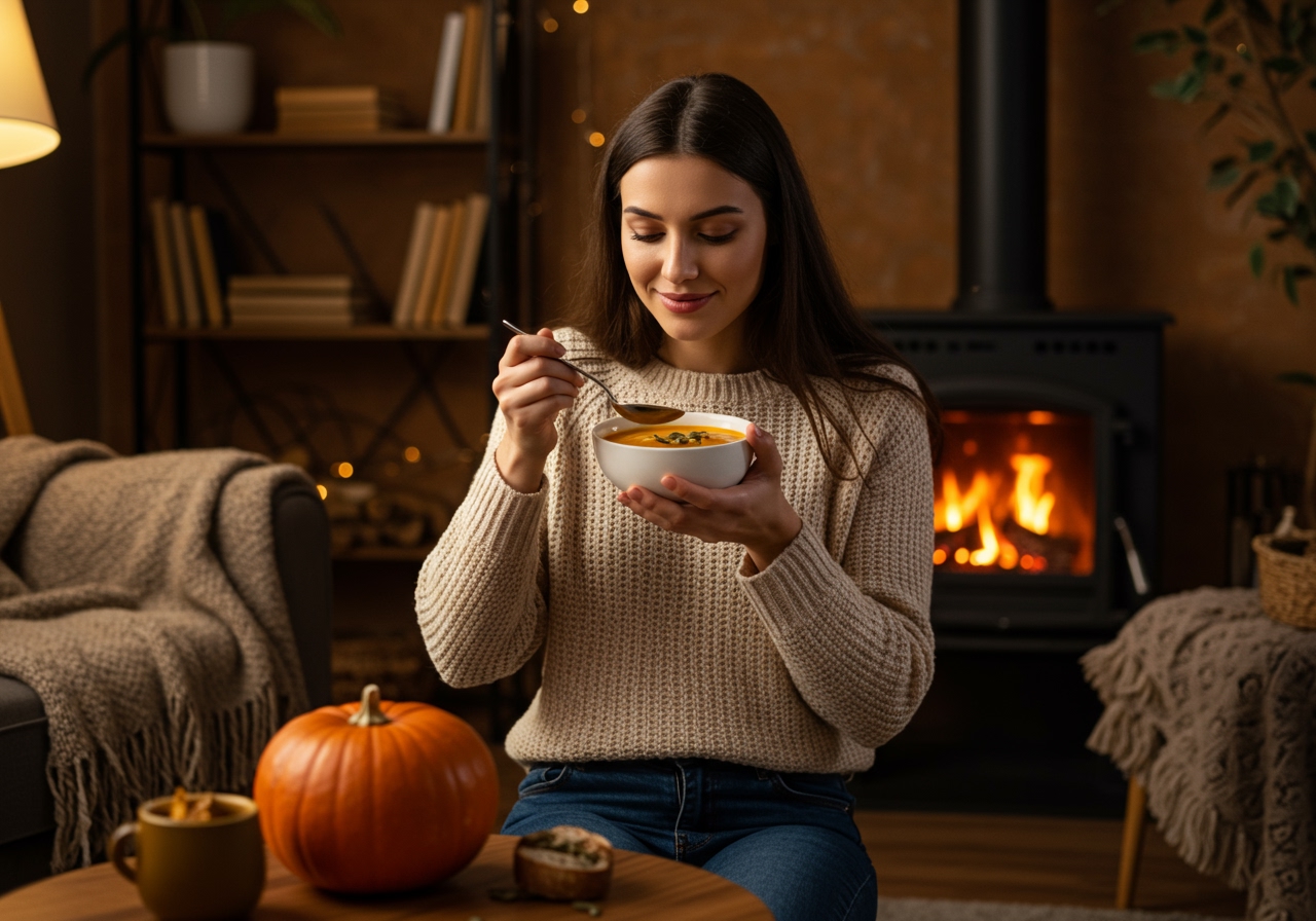 A person comfortably enjoying a bowl of pumpkin and apple soup in a cozy, warm setting.