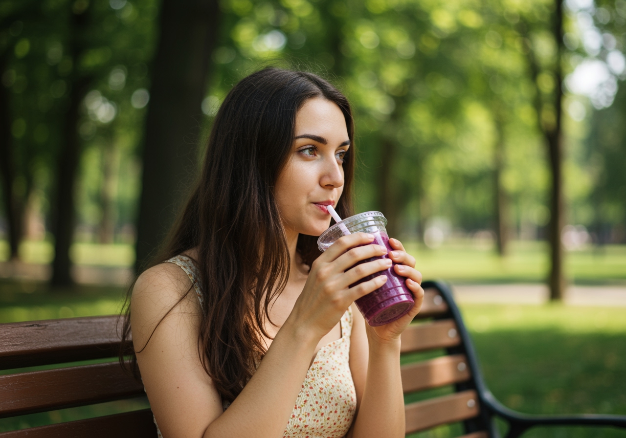 A person enjoying a berry green smoothie outdoors on a sunny morning, with a backdrop of green trees and natural light.