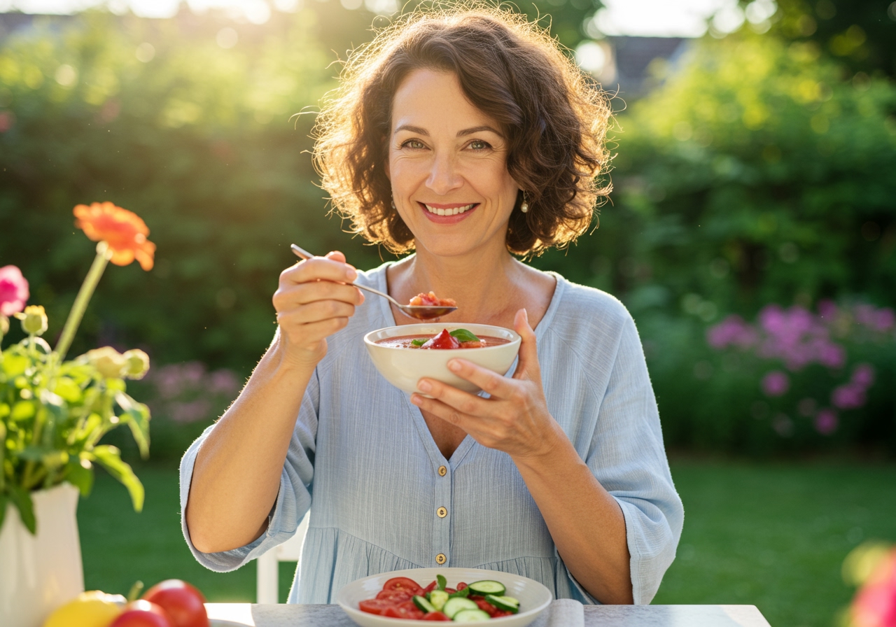 A person enjoying a bowl of cold soup outside on a sunny day, conveying relaxation and health.