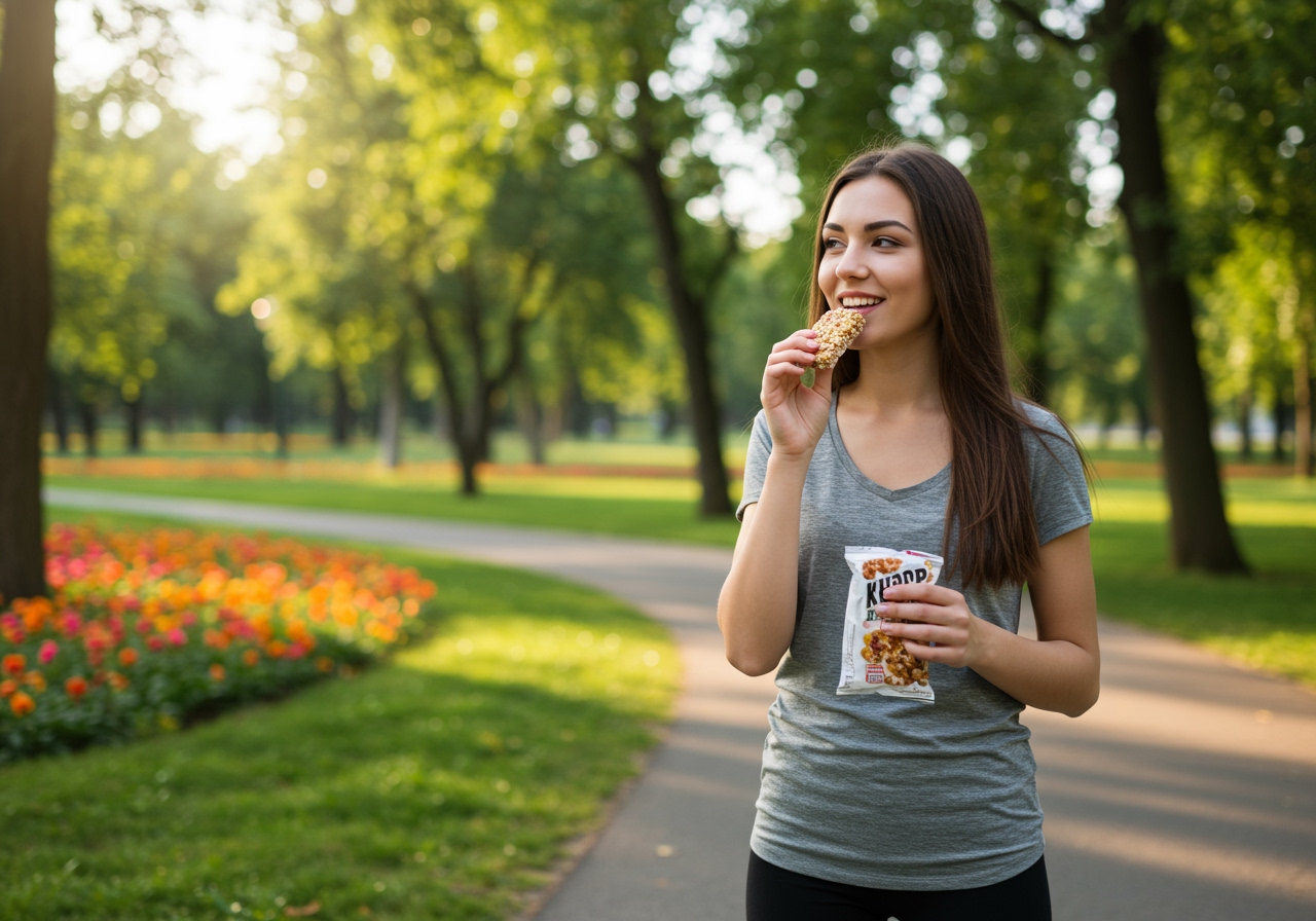 A person enjoying a cereal bar outdoors, perhaps during a morning walk, symbolizing convenience and energy.