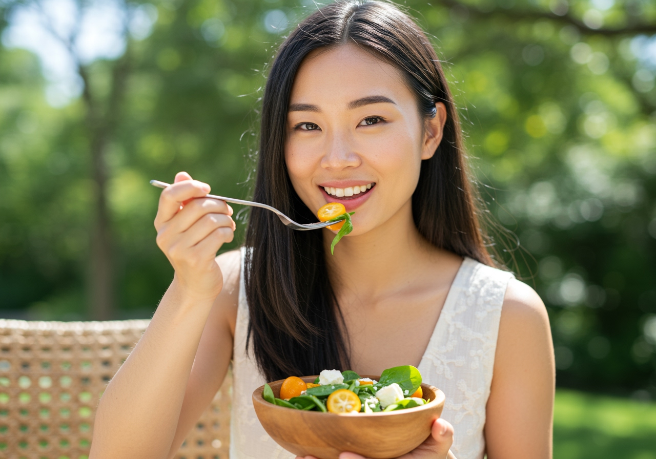 A person enjoying a forkful of healthy kumquat salad outdoors in natural light.