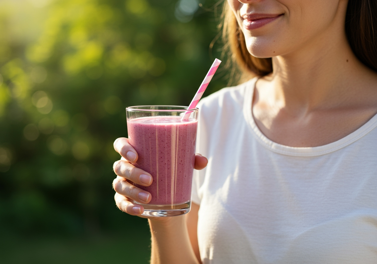 A person enjoying a refreshing creamy superfruit smoothie outdoors on a sunny morning, holding the glass with a contented smile, with nature in the blurred background, embodying a healthy lifestyle.