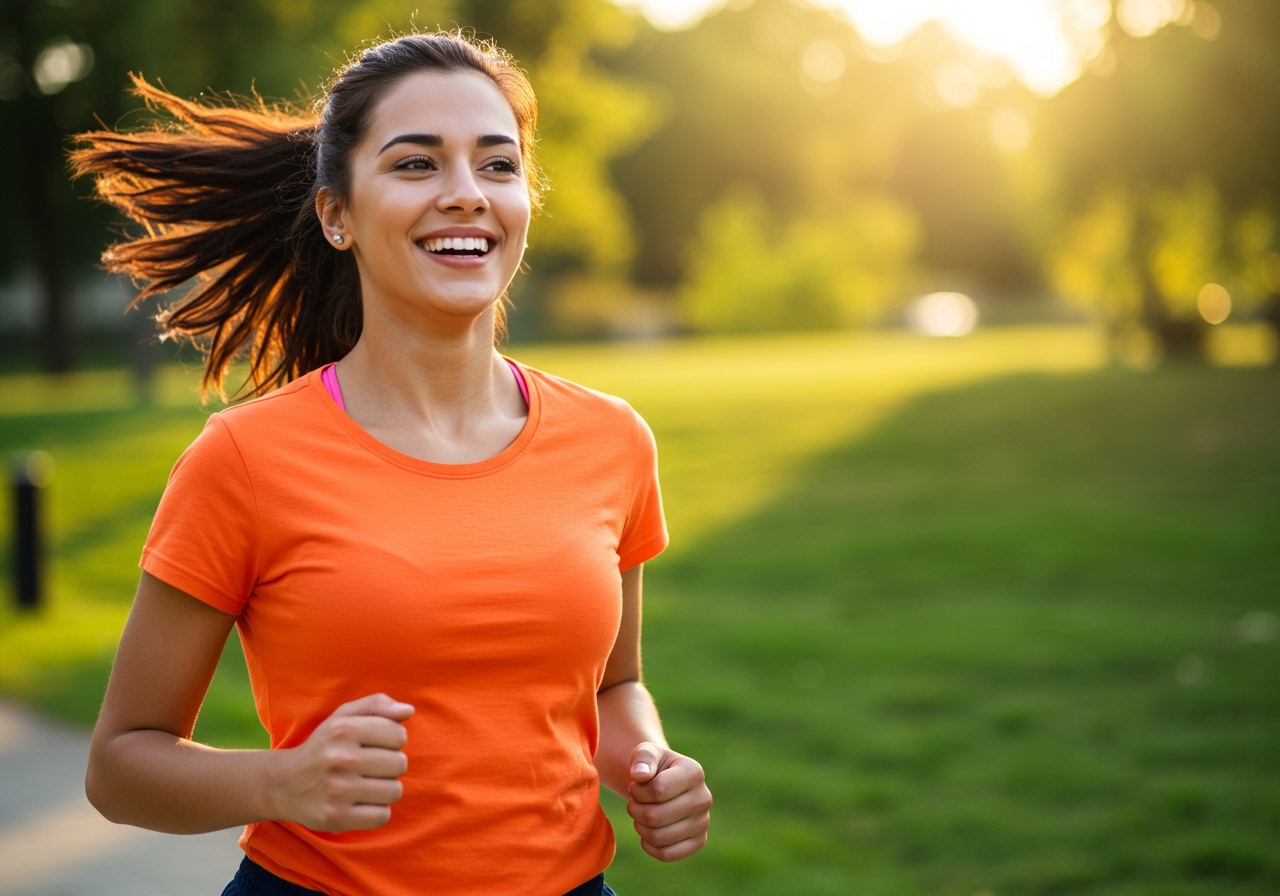 A person feeling relieved and energetic, walking outdoors with a bright smile