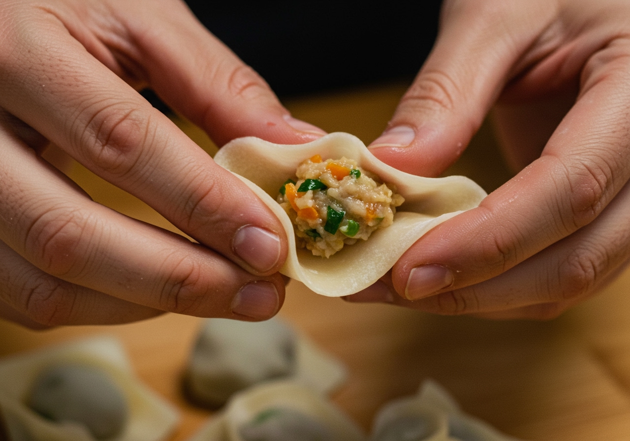 A person folding a semi-cooked egg wrapper over a small mound of filling to form a dumpling shape