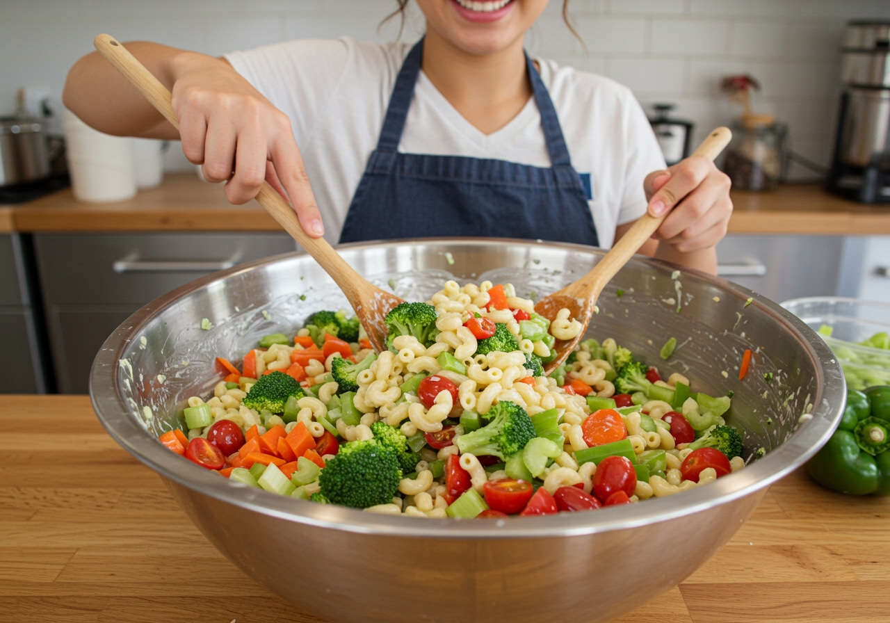 A person gently mixing a very large batch of healthy macaroni salad in a huge stainless steel bowl, with various colorful ingredients visible.