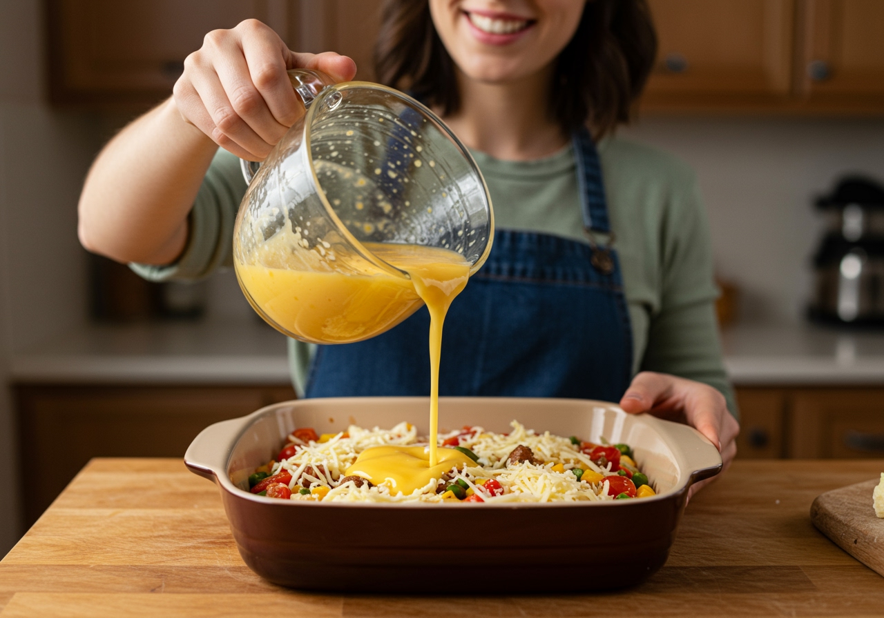 A person gently pouring the egg mixture over the casserole ingredients in a baking dish, ready for the oven.