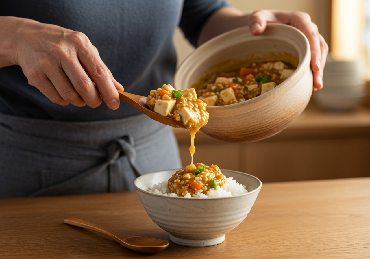 A person gently serving the あんかけ豆腐 from a pot into a bowl.