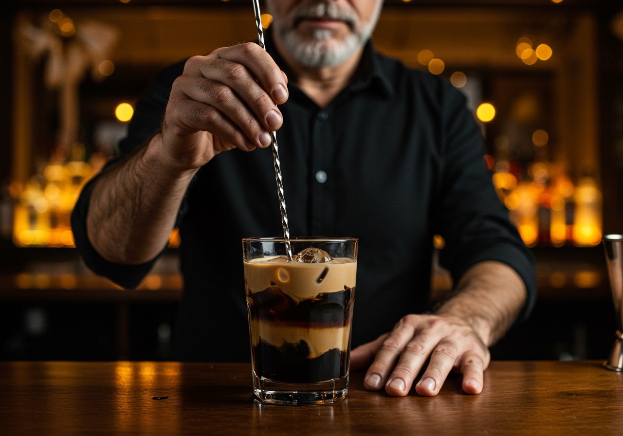 A person gently stirring a Black Russian cocktail with a bar spoon.