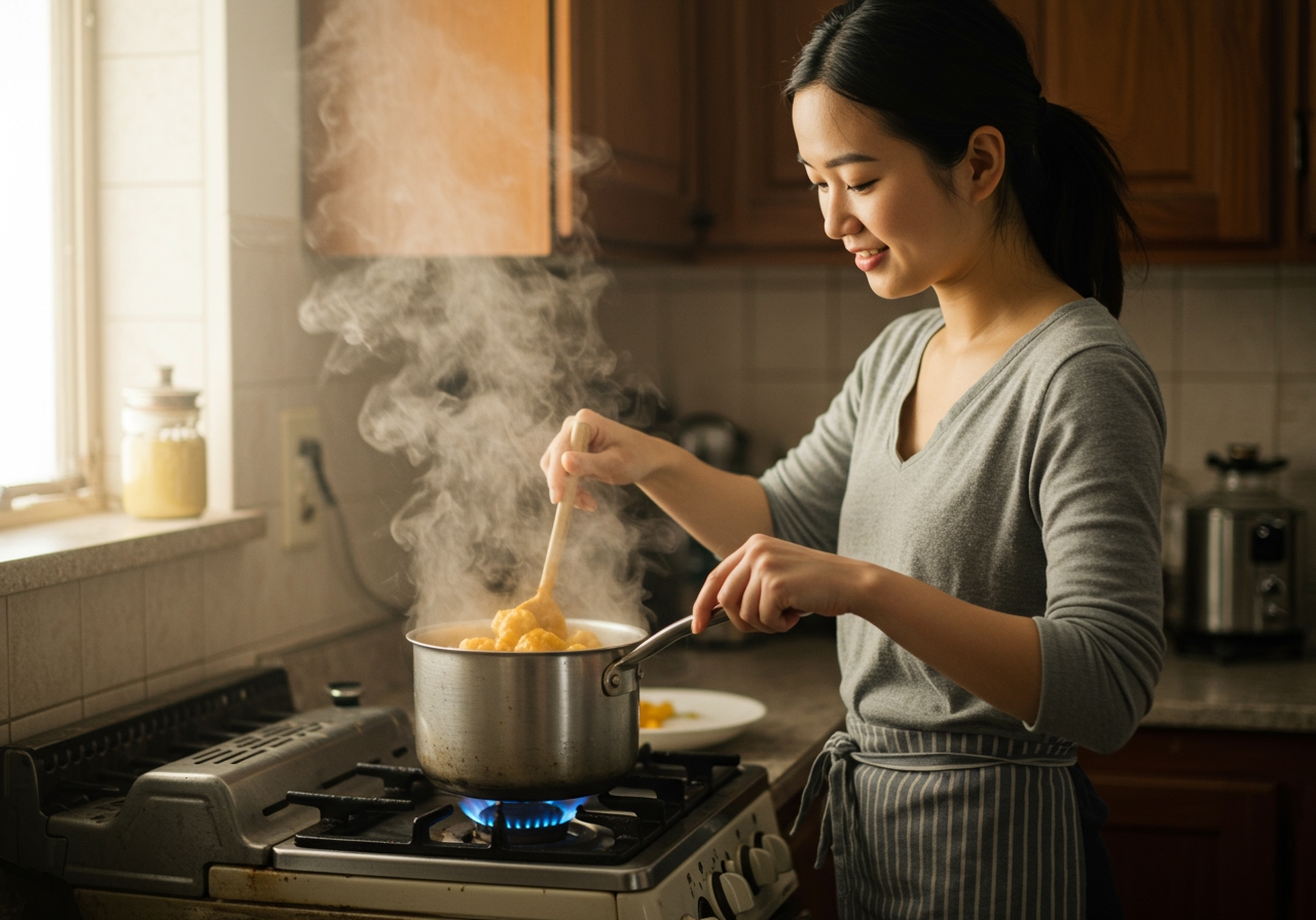 A person gently stirring a pot of cauliflower curry on a stove, with steam rising, indicating cooking in progress.