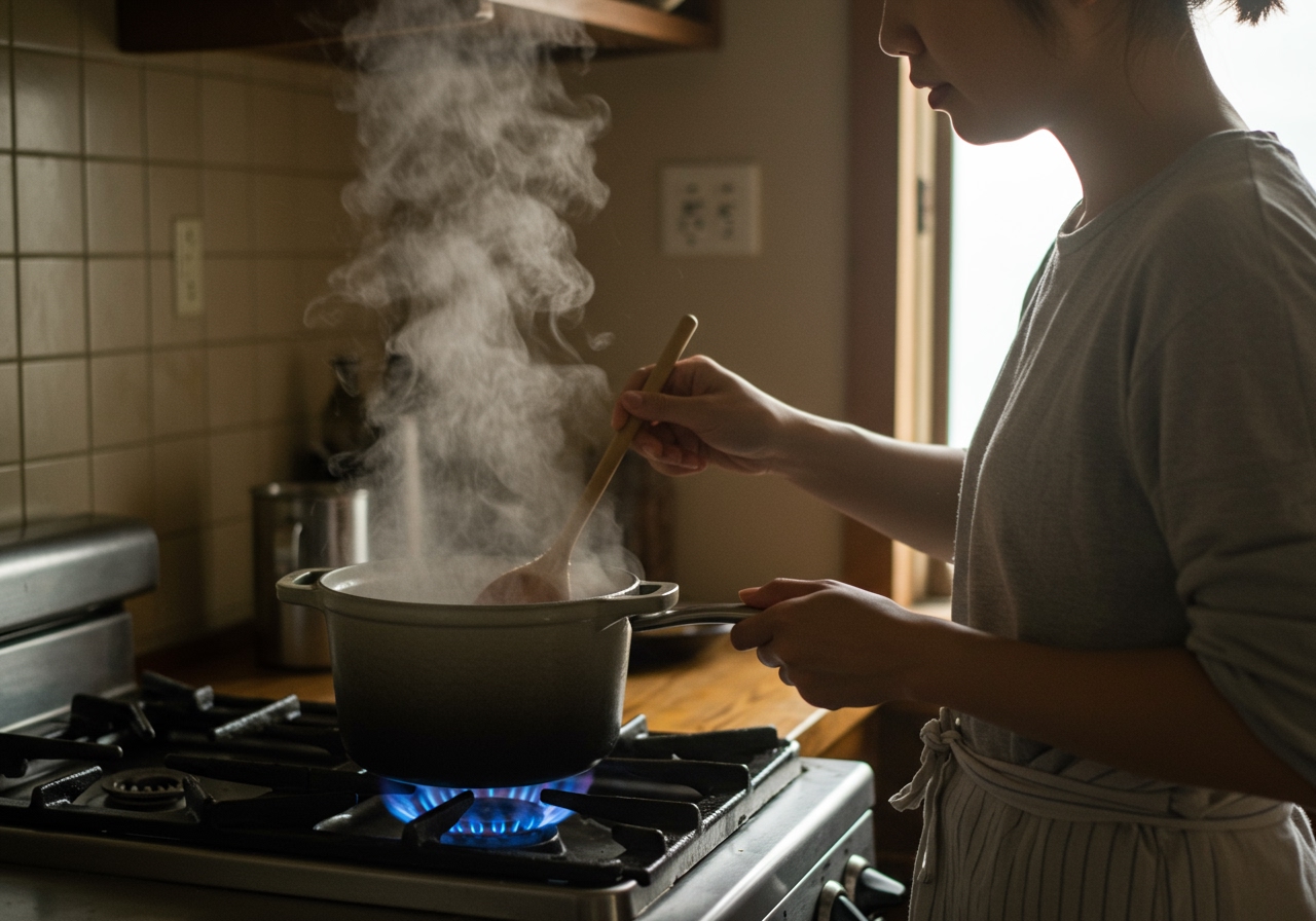A person gently stirring a pot of vegan miso soup on a stove, steam rising.