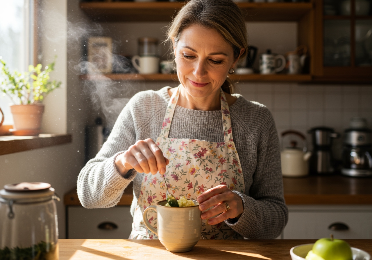 A person gently stirring the warm Bancha and grated apple mixture in a cup, perhaps in a kitchen or cozy setting.