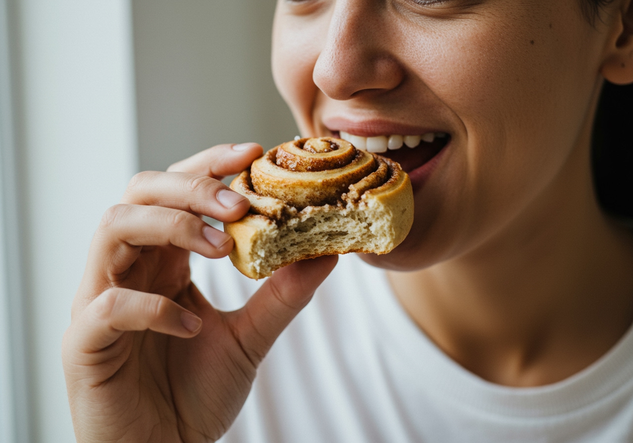 A person gently taking a bite of a healthy cinnamon roll, smiling, indicating satisfaction and enjoyment. The setting is bright and cozy, possibly a home kitchen or cafe. Focus on the person's happy expression and the half-eaten roll.