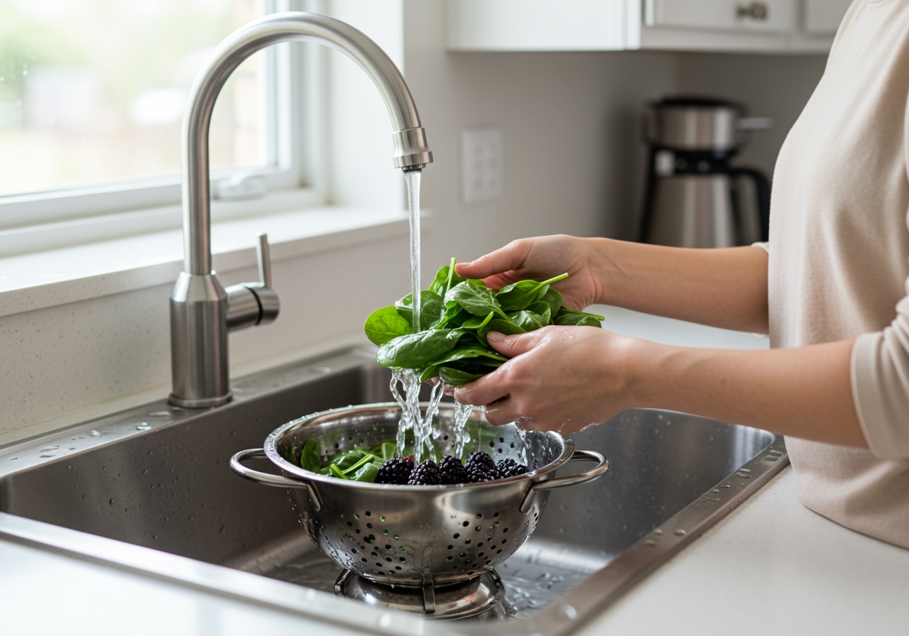 A person gently washing fresh spinach leaves and blackberries in a colander under running water in a bright kitchen sink, with a focus on cleanliness.