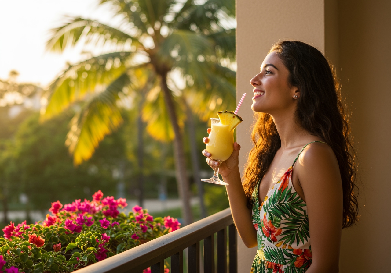 A person happily sipping a healthy piña colada on a sunny balcony overlooking a tropical landscape, emphasizing relaxation and refreshment.