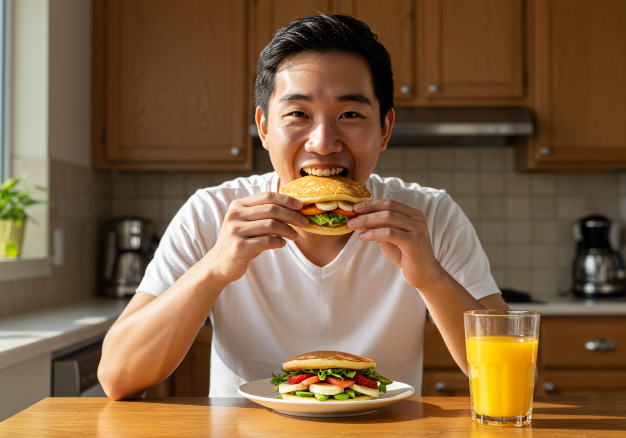 A person happily taking a bite out of a healthy pancake breakfast sandwich, with a glass of juice or tea beside them.