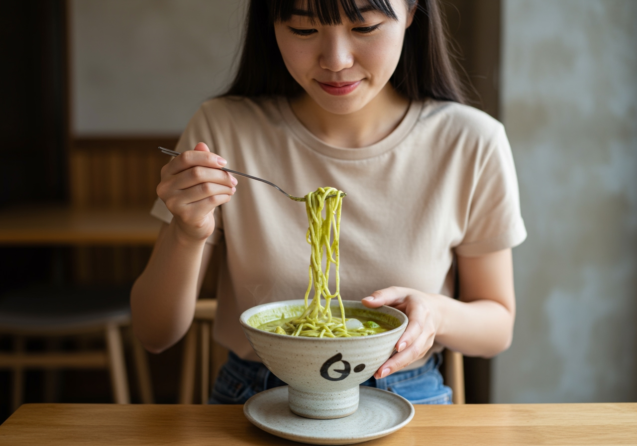 A person holding a fork with a bite of cold green curry somen, steam condensing on the side of the bowl, showing the refreshing nature of the dish.