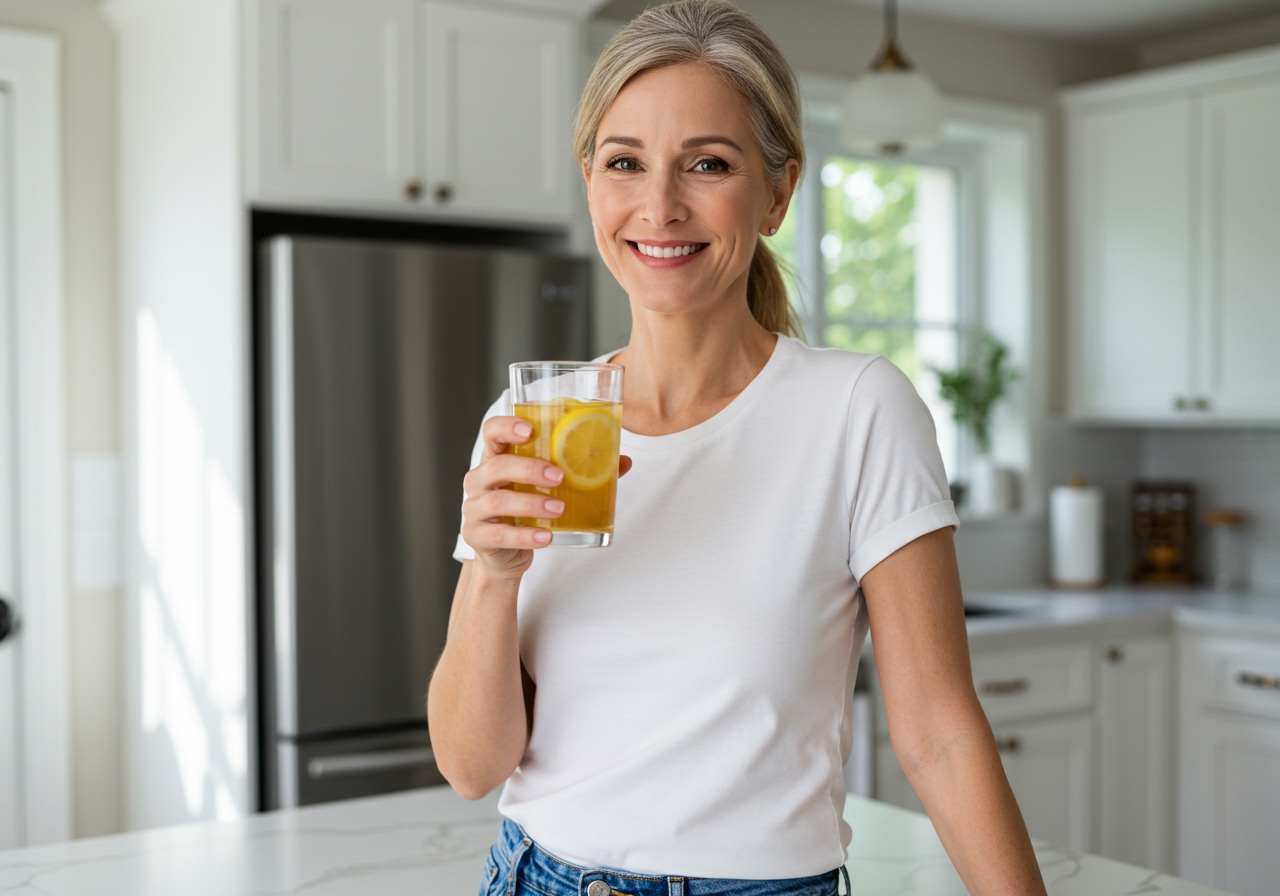 A person holding a glass of lemon and honey water, looking content and healthy, with a slightly blurred background of a bright kitchen.