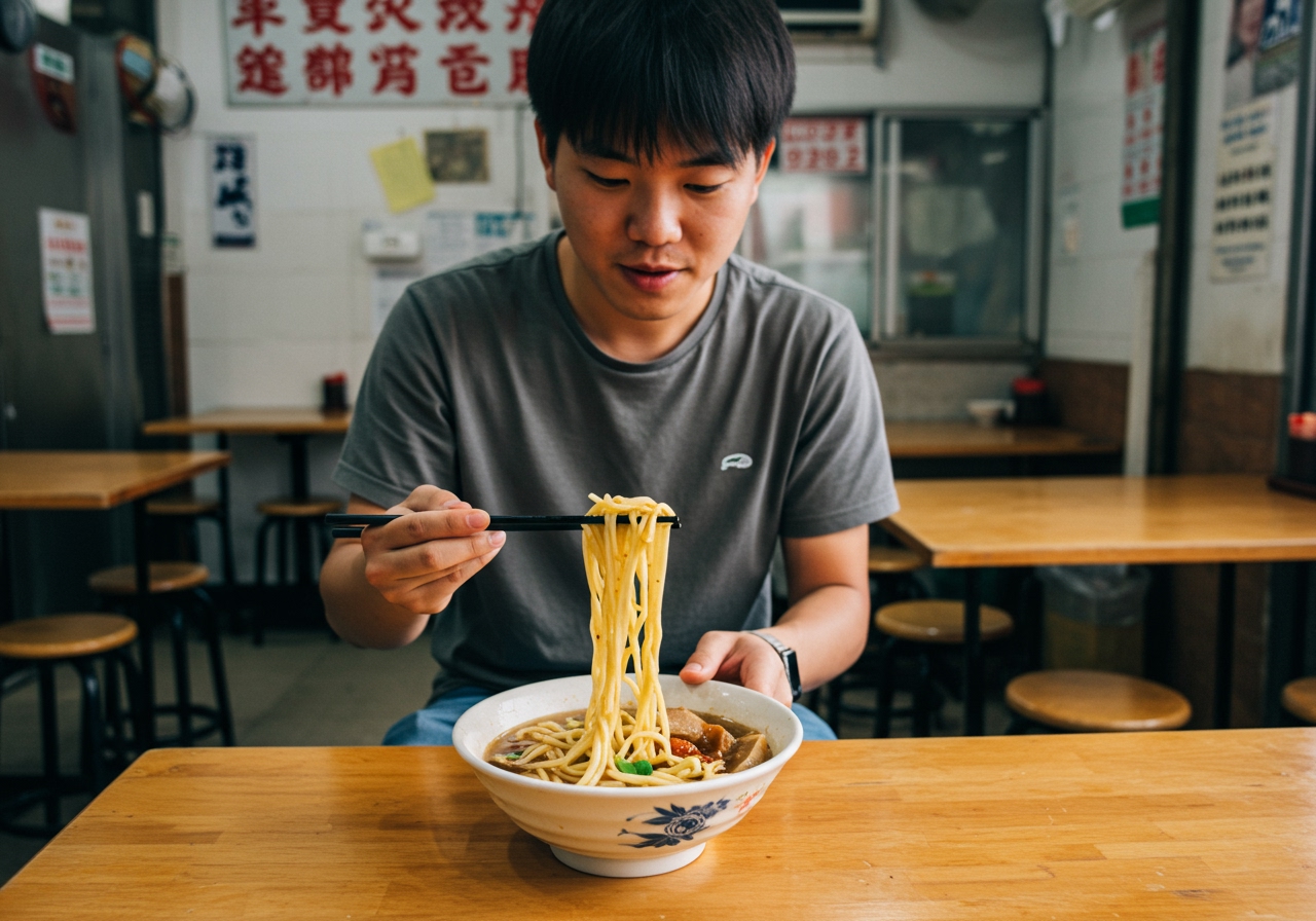 A person holding chopsticks about to eat a bowl of Taiwanese Liang Mian in a casual setting