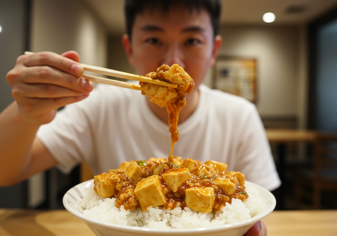 A person holding chopsticks, about to scoop a generous portion of authentic Mapo Tofu onto a mound of white rice in a bowl.