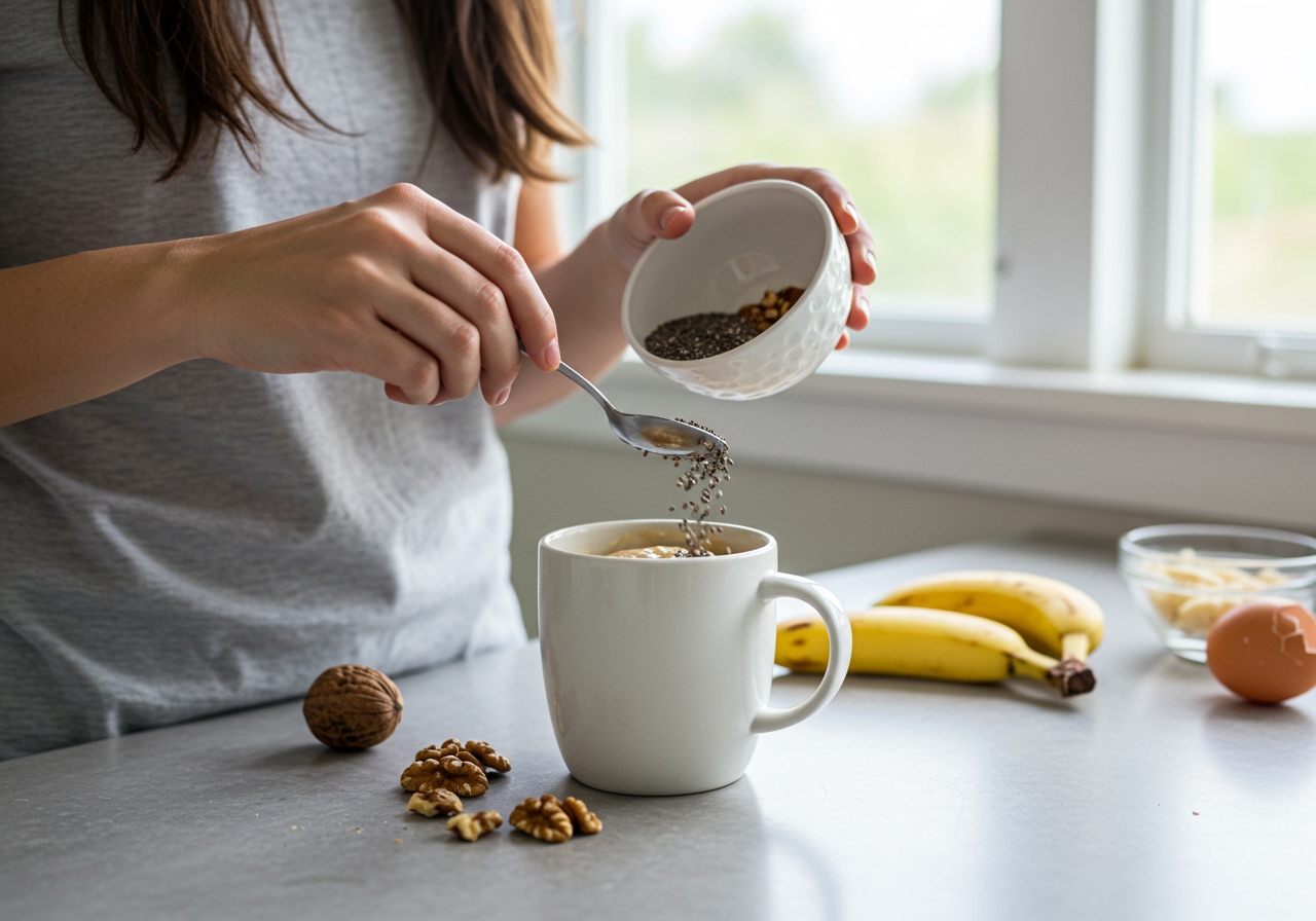A person is adding healthy ingredients like chopped walnuts and chia seeds into a mug containing the banana bread batter, demonstrating customization.